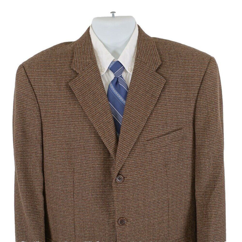 Talbots Men Brown Tan Gray Check‎ Tweed Wool 3 Button Sport Coat 42R